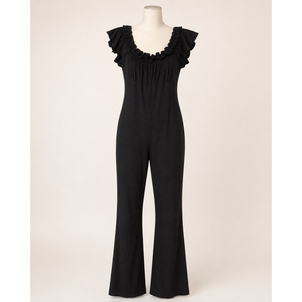 Boston Proper Jumpsuit Size 14 Black Ruffle Neck Wide Leg Cap Sleeve